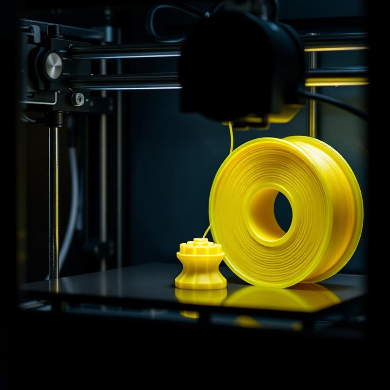 3D printer running a yellow print in the workshop