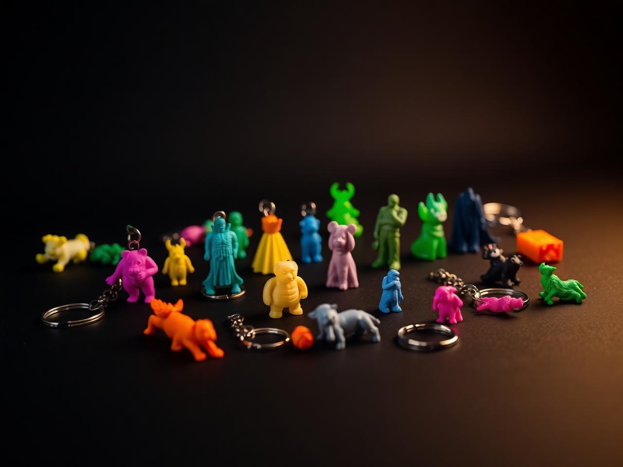 Colorful 3D printed keychains and small figurines on a dark surface